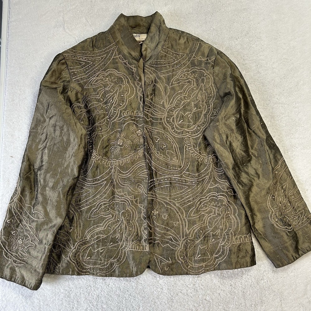 Anu Womens Size L Brown Silk Embroidered Long Sleeve Blazer Top (V2)